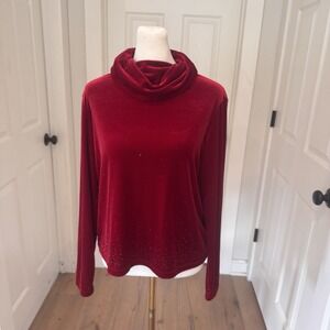 Vintage Y2K Velour Red Rhinestone Top Womens Sz Small Turtleneck Holiday Sparkle